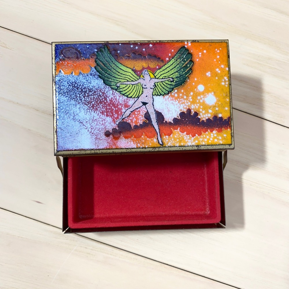 Vintage Day Dreams Handcrafted Porcelain‎ Enamel Jewelry Box Winged Woman Brass